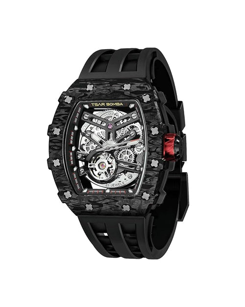 TSAR BOMBA Men's Automatic Watch Tonneau Luxury Skeleton Watches for Men Mechanical 50M Waterproof Analogue Watches Mens Unique Cool Silver Square Big Face Dial Wristwatch with Silicone Strap Band