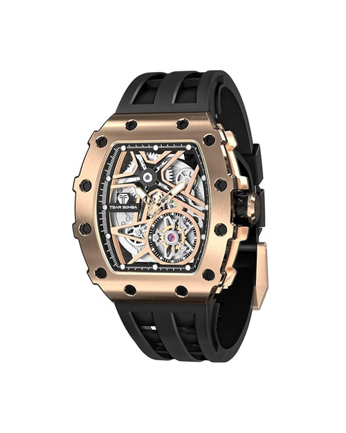 TSAR BOMBA Luxury Automatic Mechanical Watches for Men - Carbon Fiber Bezel - Japanese Movement Sapphire Glass - 50M Waterproof Men's Watch - Square Wrist Watch Silicone Band Luminous - Gifts for Men,