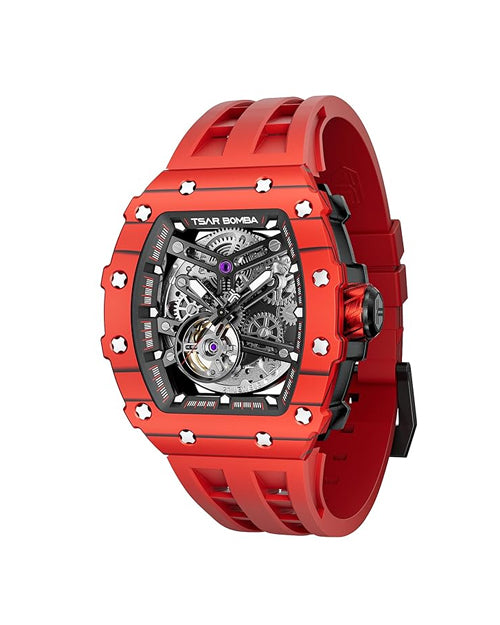 TSAR BOMBA Men's Automatic Watch Tonneau Luxury Skeleton Watches for Men Mechanical 50M Waterproof Analogue Watches Mens Unique Cool Silver Square Big Face Dial Wristwatch with Silicone Strap Band