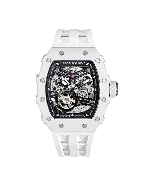 Tsar Bomba Men’s Tonneau Luxury Automatic Watch – Skeleton Dial, White Ceramic Case, White Silicone Strap, 50M Water Resistant, Watch for Men – TB8208C-07