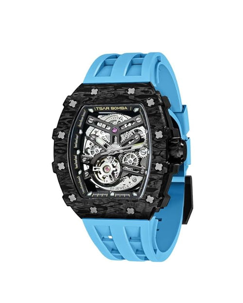 TSAR BOMBA Men's Automatic Watch Tonneau Luxury Skeleton Watches for Men Mechanical 50M Waterproof Analogue Watches Mens Unique Cool Silver Square Big Face Dial Wristwatch with Silicone Strap Band
