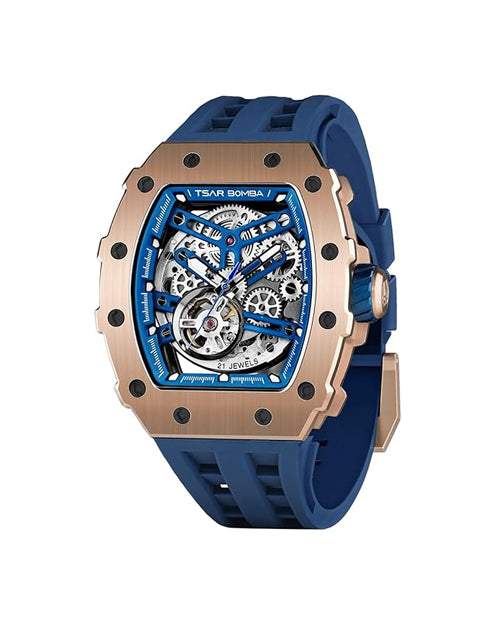 TSAR BOMBA Men's Automatic Watch Tonneau Luxury Skeleton Watches for Men Mechanical 50M Waterproof Analogue Watches Mens Unique Cool Silver Square Big Face Dial Wristwatch with Silicone Strap Band