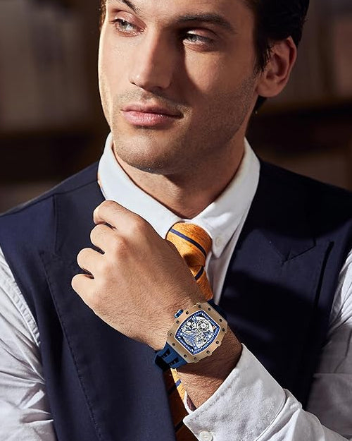 TSAR BOMBA Men's Automatic Watch Tonneau Luxury Skeleton Watches for Men Mechanical 50M Waterproof Analogue Watches Mens Unique Cool Silver Square Big Face Dial Wristwatch with Silicone Strap Band