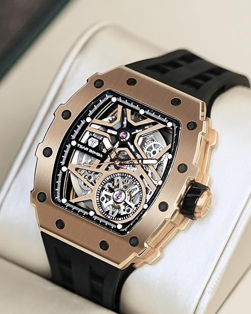 TSAR BOMBA Luxury Automatic Mechanical Watches for Men - Carbon Fiber Bezel - Japanese Movement Sapphire Glass - 50M Waterproof Men's Watch - Square Wrist Watch Silicone Band Luminous - Gifts for Men,