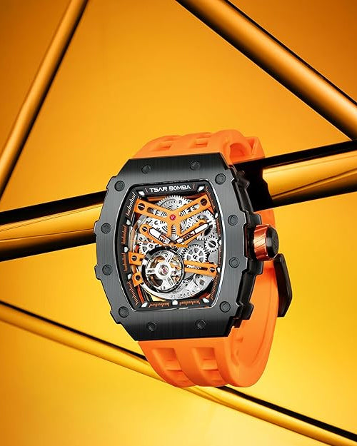 TSAR BOMBA Men's Automatic Watch Tonneau Luxury Skeleton Watches for Men Mechanical 50M Waterproof Analogue Watches Mens Unique Cool Silver Square Big Face Dial Wristwatch with Silicone Strap Band