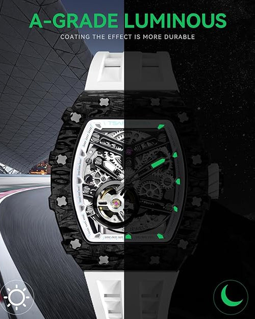 TSAR BOMBA Men's Automatic Watch Tonneau Luxury Skeleton Watches for Men Mechanical 50M Waterproof Analogue Watches Mens Unique Cool Silver Square Big Face Dial Wristwatch with Silicone Strap Band