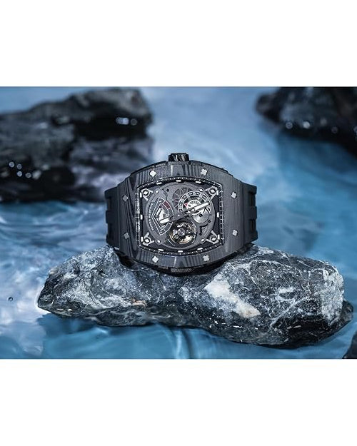TSAR BOMBA Elemental Series | Tonneau Case | Carbon Fibre Bezel | FKM Rubber Strap | Premium Automatic Watch for Men - TB210CF-01