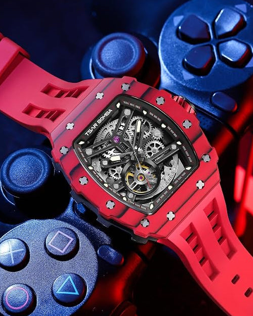 TSAR BOMBA Men's Automatic Watch Tonneau Luxury Skeleton Watches for Men Mechanical 50M Waterproof Analogue Watches Mens Unique Cool Silver Square Big Face Dial Wristwatch with Silicone Strap Band