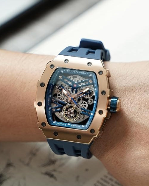 TSAR BOMBA Men's Automatic Watch Tonneau Luxury Skeleton Watches for Men Mechanical 50M Waterproof Analogue Watches Mens Unique Cool Silver Square Big Face Dial Wristwatch with Silicone Strap Band