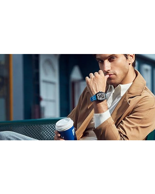 TSAR BOMBA Men's Automatic Watch Tonneau Luxury Skeleton Watches for Men Mechanical 50M Waterproof Analogue Watches Mens Unique Cool Silver Square Big Face Dial Wristwatch with Silicone Strap Band