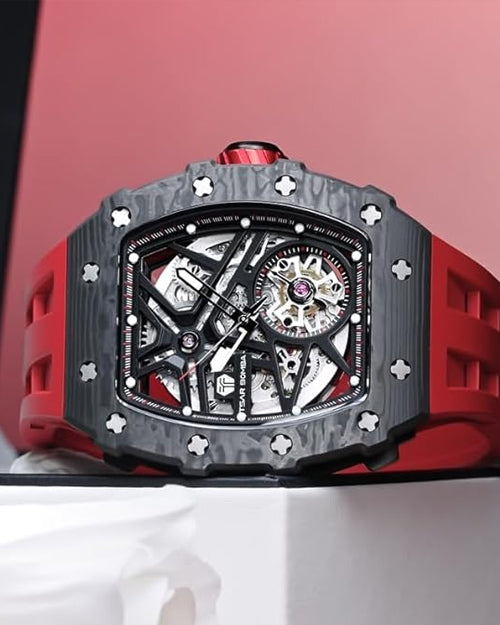 Tsar Bomba Men’s Tonneau Luxury Automatic Watch – Skeleton Dial, Carbon Fiber Bezel, Red Silicone Strap, 50M Water Resistant, Watch for Men – TB8209CF-32