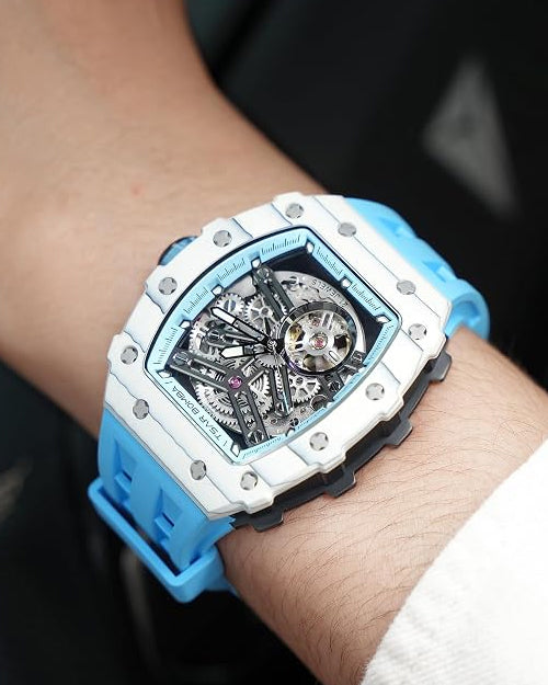 TSAR BOMBA Men's Automatic Watch Tonneau Luxury Skeleton Watches for Men Mechanical 50M Waterproof Analogue Watches Mens Unique Cool Silver Square Big Face Dial Wristwatch with Silicone Strap Band