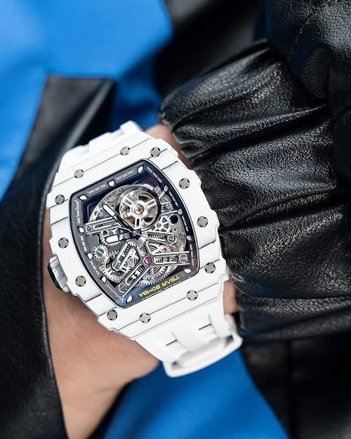 TSAR BOMBA Men's Automatic Watch Tonneau Luxury Skeleton Watches for Men Mechanical 50M Waterproof Analogue Watches Mens Unique Cool Silver Square Big Face Dial Wristwatch with Silicone Strap Band