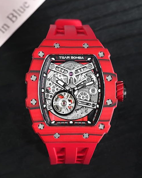 TSAR BOMBA Men's Automatic Watch Tonneau Luxury Skeleton Watches for Men Mechanical 50M Waterproof Analogue Watches Mens Unique Cool Silver Square Big Face Dial Wristwatch with Silicone Strap Band