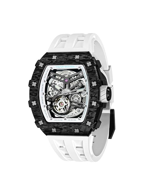 TSAR BOMBA Men's Automatic Watch Tonneau Luxury Skeleton Watches for Men Mechanical 50M Waterproof Analogue Watches Mens Unique Cool Silver Square Big Face Dial Wristwatch with Silicone Strap Band