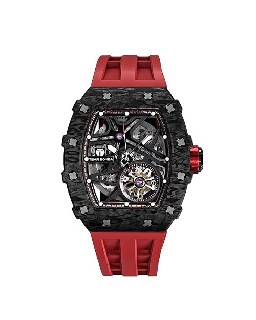 Tsar Bomba Men’s Tonneau Luxury Automatic Watch – Skeleton Dial, Carbon Fiber Bezel, Red Silicone Strap, 50M Water Resistant, Watch for Men – TB8209CF-32