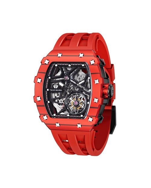 TSAR BOMBA Luxury Automatic Watches for Men - Carbon Fiber Bezel - Japanese Movement Sapphire Glass - 50M Waterproof - Luminous Men's Gifts TB8209 Red, Carbon Fiber 07, Traditional