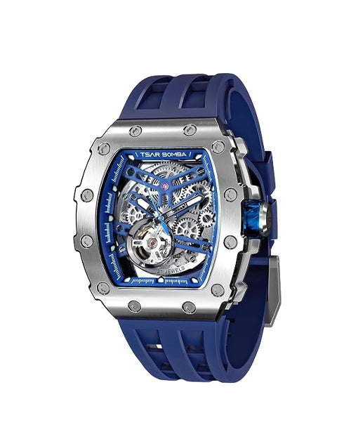 TSAR BOMBA Men's Automatic Watch Tonneau Luxury Skeleton Watches for Men Mechanical 50M Waterproof Analogue Watches Mens Unique Cool Silver Square Big Face Dial Wristwatch with Silicone Strap Band