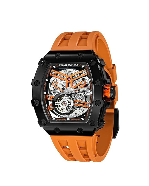TSAR BOMBA Men's Automatic Watch Tonneau Luxury Skeleton Watches for Men Mechanical 50M Waterproof Analogue Watches Mens Unique Cool Silver Square Big Face Dial Wristwatch with Silicone Strap Band