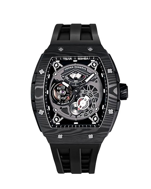 TSAR BOMBA Elemental Series | Tonneau Case | Carbon Fibre Bezel | FKM Rubber Strap | Premium Automatic Watch for Men - TB210CF-01