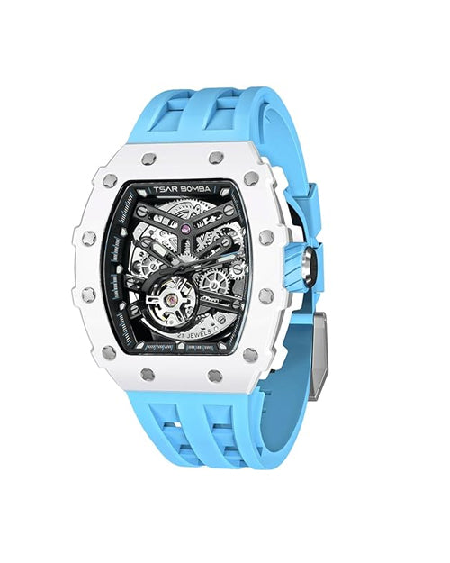 TSAR BOMBA Men's Automatic Watch Tonneau Luxury Skeleton Watches for Men Mechanical 50M Waterproof Analogue Watches Mens Unique Cool Silver Square Big Face Dial Wristwatch with Silicone Strap Band