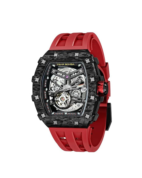 TSAR BOMBA Men's Automatic Watch Tonneau Luxury Skeleton Watches for Men Mechanical 50M Waterproof Analogue Watches Mens Unique Cool Silver Square Big Face Dial Wristwatch with Silicone Strap Band