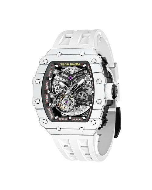 TSAR BOMBA Men's Automatic Watch Tonneau Luxury Skeleton Watches for Men Mechanical 50M Waterproof Analogue Watches Mens Unique Cool Silver Square Big Face Dial Wristwatch with Silicone Strap Band
