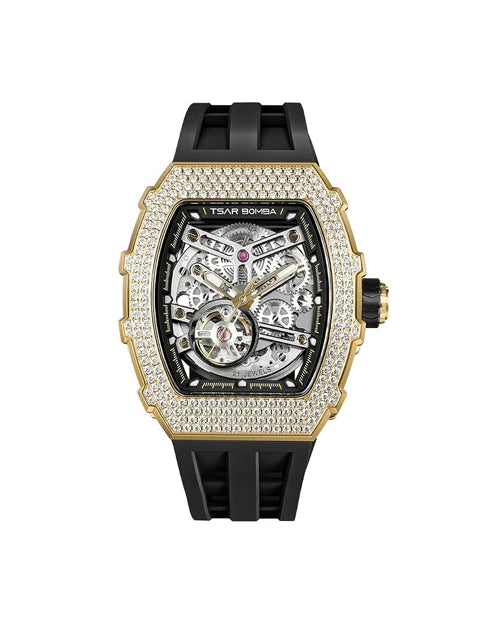 Tsar Bomba Men’s Tonneau Luxury Automatic Watch – Skeleton Dial, Zirconia Case, Black Silicone Strap, 50M Water Resistant, Watch for Men – TB8208D-13