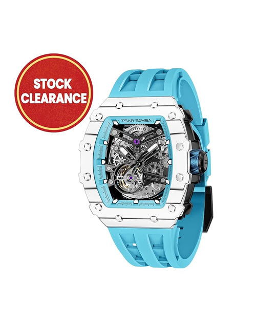 TSAR BOMBA Men's Automatic Watch Tonneau Luxury Skeleton Watches for Men Mechanical 50M Waterproof Analogue Watches Mens Unique Cool Silver Square Big Face Dial Wristwatch with Silicone Strap Band