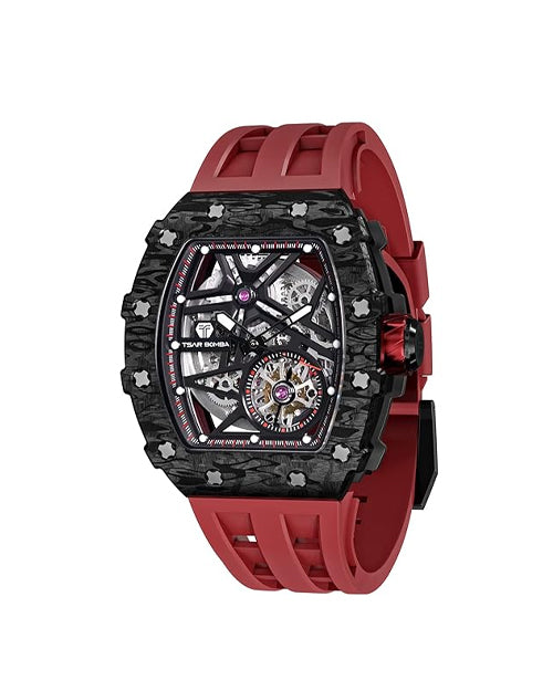 Tsar Bomba Men’s Tonneau Luxury Automatic Watch – Skeleton Dial, Carbon Fiber Bezel, Red Silicone Strap, 50M Water Resistant, Watch for Men – TB8209CF-32
