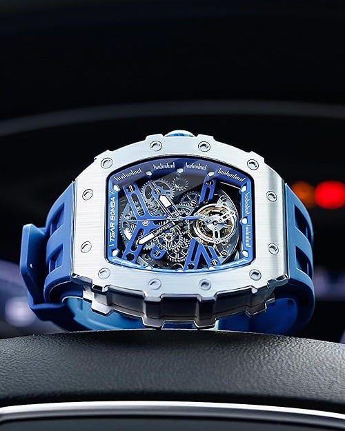 TSAR BOMBA Men's Automatic Watch Tonneau Luxury Skeleton Watches for Men Mechanical 50M Waterproof Analogue Watches Mens Unique Cool Silver Square Big Face Dial Wristwatch with Silicone Strap Band