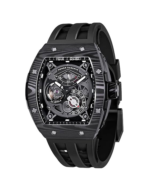 TSAR BOMBA Elemental Series | Tonneau Case | Carbon Fibre Bezel | FKM Rubber Strap | Premium Automatic Watch for Men - TB210CF-01
