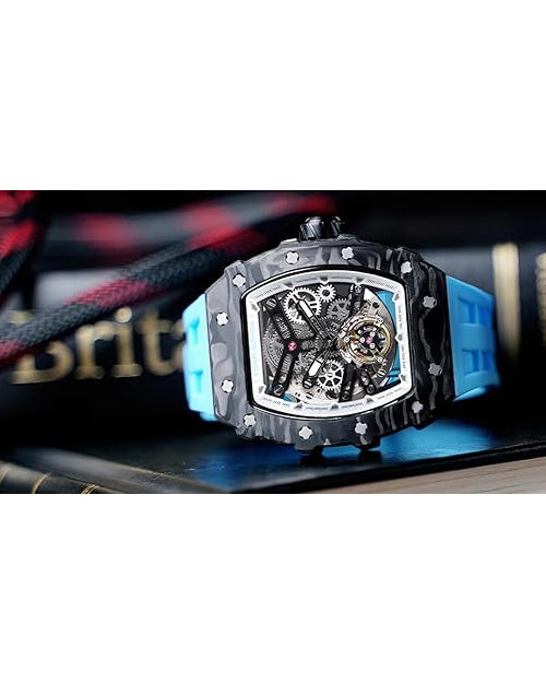 TSAR BOMBA Men's Automatic Watch Tonneau Luxury Skeleton Watches for Men Mechanical 50M Waterproof Analogue Watches Mens Unique Cool Silver Square Big Face Dial Wristwatch with Silicone Strap Band
