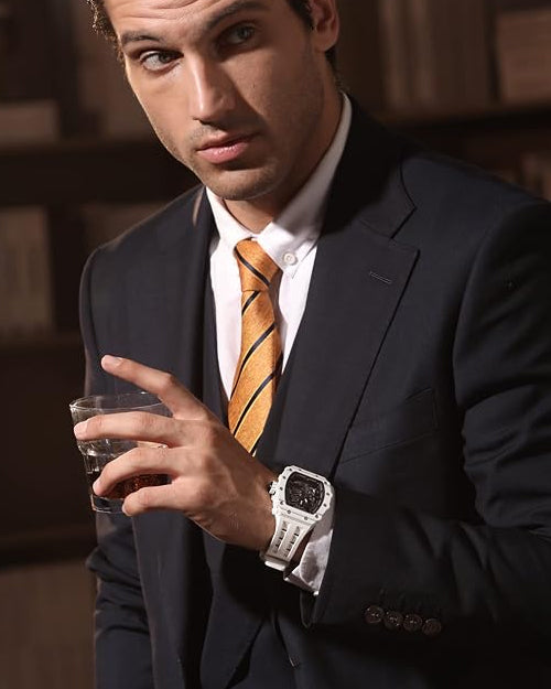 TSAR BOMBA Men's Automatic Watch Tonneau Luxury Skeleton Watches for Men Mechanical 50M Waterproof Analogue Watches Mens Unique Cool Silver Square Big Face Dial Wristwatch with Silicone Strap Band