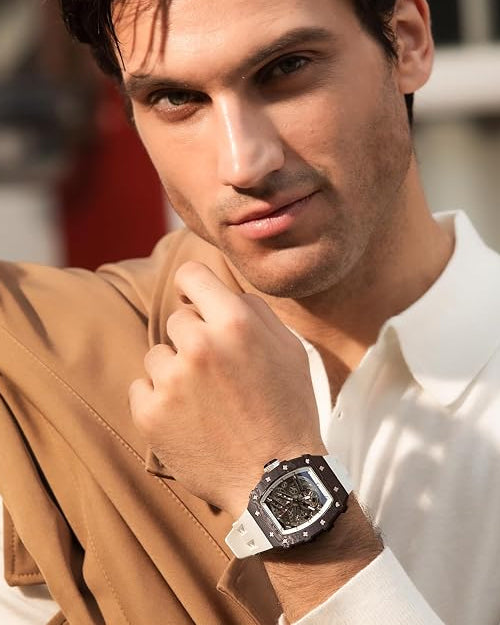 TSAR BOMBA Men's Automatic Watch Tonneau Luxury Skeleton Watches for Men Mechanical 50M Waterproof Analogue Watches Mens Unique Cool Silver Square Big Face Dial Wristwatch with Silicone Strap Band