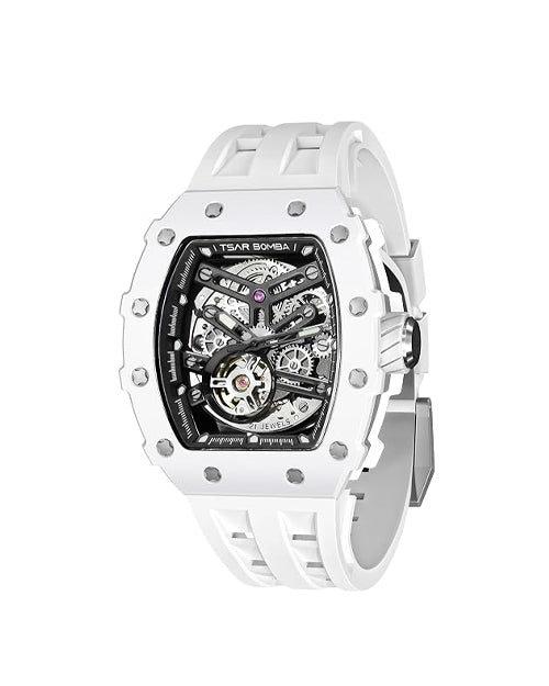 Tsar Bomba Men’s Tonneau Luxury Automatic Watch – Skeleton Dial, White Ceramic Case, White Silicone Strap, 50M Water Resistant, Watch for Men – TB8208C-07
