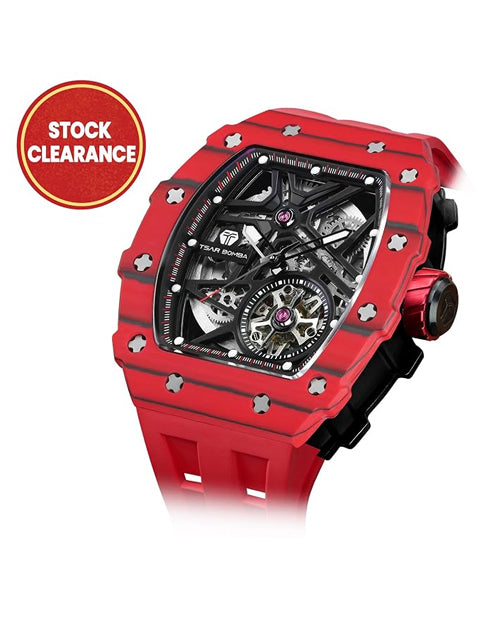 TSAR BOMBA Luxury Automatic Watches for Men - Carbon Fiber Bezel - Japanese Movement Sapphire Glass - 50M Waterproof - Luminous Men's Gifts TB8209 Red, Carbon Fiber 07, Traditional
