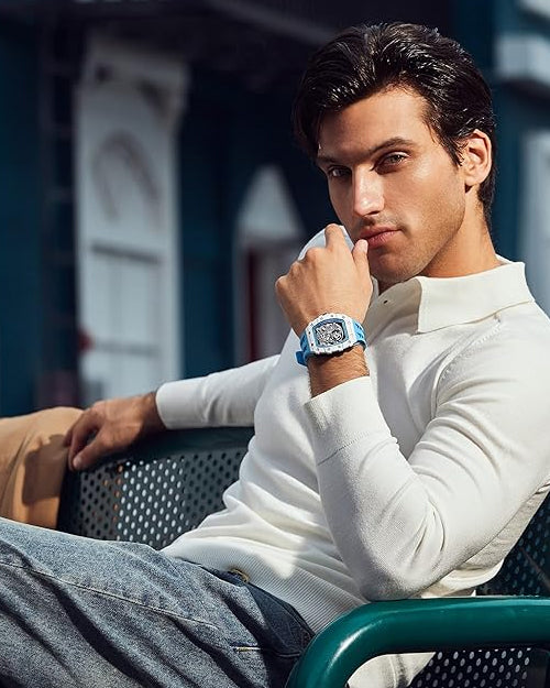 TSAR BOMBA Men's Automatic Watch Tonneau Luxury Skeleton Watches for Men Mechanical 50M Waterproof Analogue Watches Mens Unique Cool Silver Square Big Face Dial Wristwatch with Silicone Strap Band