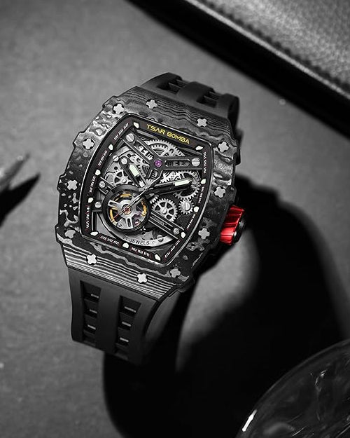 TSAR BOMBA Men's Automatic Watch Tonneau Luxury Skeleton Watches for Men Mechanical 50M Waterproof Analogue Watches Mens Unique Cool Silver Square Big Face Dial Wristwatch with Silicone Strap Band