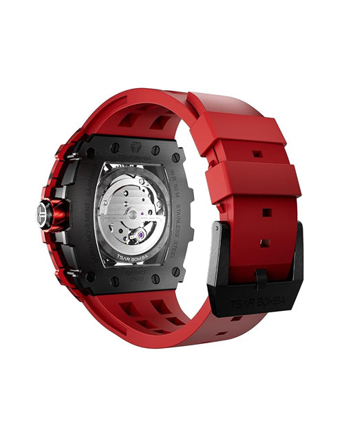 TSAR BOMBA Luxury Automatic Watches for Men - Carbon Fiber Bezel - Japanese Movement Sapphire Glass - 50M Waterproof - Luminous Men's Gifts TB8209 Red, Carbon Fiber 07, Traditional