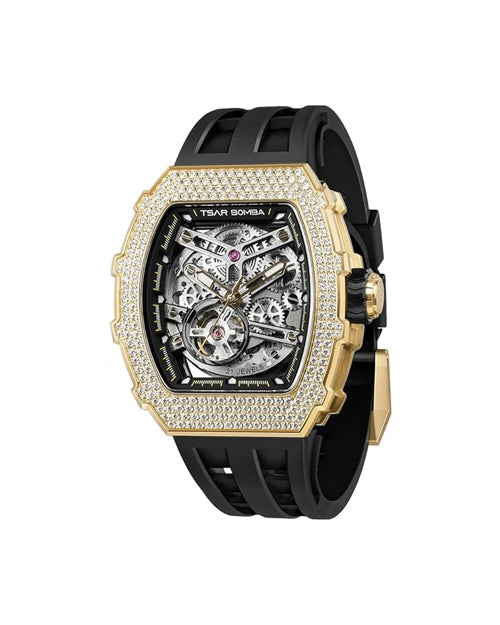 Tsar Bomba Men’s Tonneau Luxury Automatic Watch – Skeleton Dial, Zirconia Case, Black Silicone Strap, 50M Water Resistant, Watch for Men – TB8208D-13