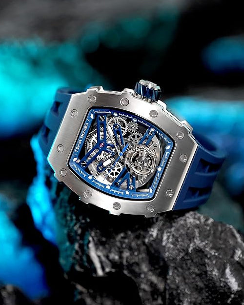 TSAR BOMBA Men's Automatic Watch Tonneau Luxury Skeleton Watches for Men Mechanical 50M Waterproof Analogue Watches Mens Unique Cool Silver Square Big Face Dial Wristwatch with Silicone Strap Band