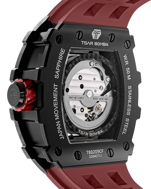 Tsar Bomba Men’s Tonneau Luxury Automatic Watch – Skeleton Dial, Carbon Fiber Bezel, Red Silicone Strap, 50M Water Resistant, Watch for Men – TB8209CF-32