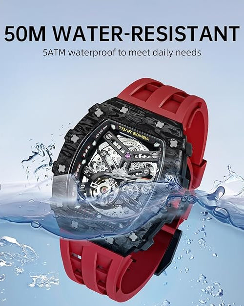 TSAR BOMBA Men's Automatic Watch Tonneau Luxury Skeleton Watches for Men Mechanical 50M Waterproof Analogue Watches Mens Unique Cool Silver Square Big Face Dial Wristwatch with Silicone Strap Band