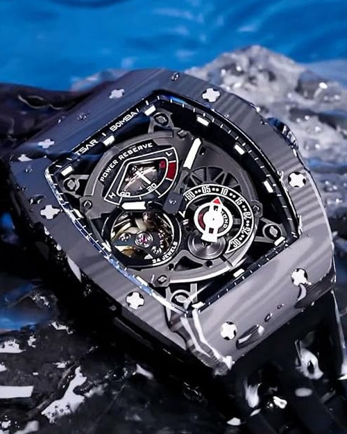 TSAR BOMBA Elemental Series | Tonneau Case | Carbon Fibre Bezel | FKM Rubber Strap | Premium Automatic Watch for Men - TB210CF-01