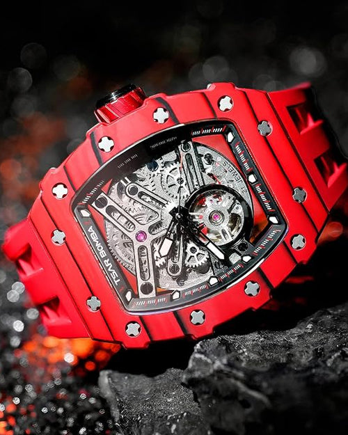TSAR BOMBA Men's Automatic Watch Tonneau Luxury Skeleton Watches for Men Mechanical 50M Waterproof Analogue Watches Mens Unique Cool Silver Square Big Face Dial Wristwatch with Silicone Strap Band