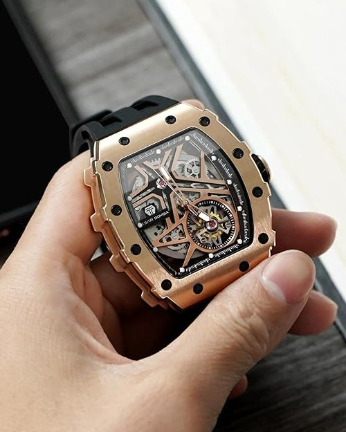 TSAR BOMBA Luxury Automatic Mechanical Watches for Men - Carbon Fiber Bezel - Japanese Movement Sapphire Glass - 50M Waterproof Men's Watch - Square Wrist Watch Silicone Band Luminous - Gifts for Men,