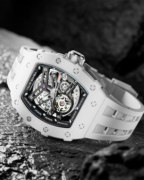 Tsar Bomba Men’s Tonneau Luxury Automatic Watch – Skeleton Dial, White Ceramic Case, White Silicone Strap, 50M Water Resistant, Watch for Men – TB8208C-07