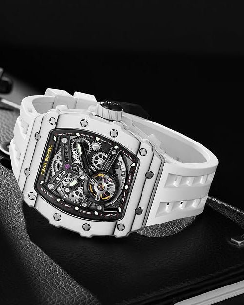 TSAR BOMBA Men's Automatic Watch Tonneau Luxury Skeleton Watches for Men Mechanical 50M Waterproof Analogue Watches Mens Unique Cool Silver Square Big Face Dial Wristwatch with Silicone Strap Band