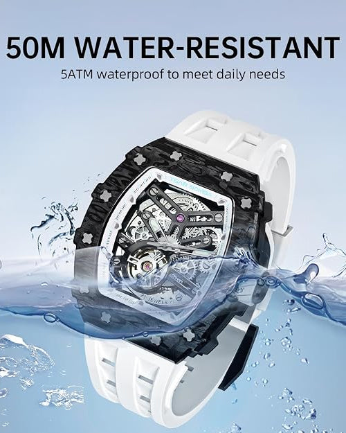 TSAR BOMBA Men's Automatic Watch Tonneau Luxury Skeleton Watches for Men Mechanical 50M Waterproof Analogue Watches Mens Unique Cool Silver Square Big Face Dial Wristwatch with Silicone Strap Band